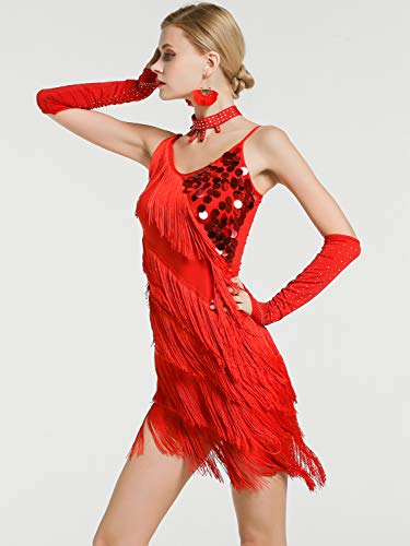 Kaiyei Hembra Latina Baile Traje de Malla Lentejuelas Borla Latina Ropa Vestido para Las Mujeres de América Latina Salsa Ballroomdance Vestidos Rojo S