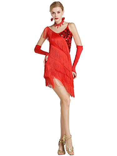 Kaiyei Hembra Latina Baile Traje de Malla Lentejuelas Borla Latina Ropa Vestido para Las Mujeres de América Latina Salsa Ballroomdance Vestidos Rojo S