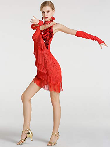 Kaiyei Hembra Latina Baile Traje de Malla Lentejuelas Borla Latina Ropa Vestido para Las Mujeres de América Latina Salsa Ballroomdance Vestidos Rojo S