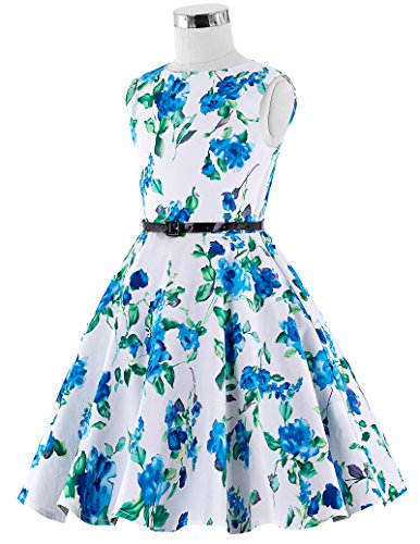 Kate Kasin Vestido Vintage Estampado de Niñas Años 50 para Fiesta Cóctel Vestido Algodón de Verano sin Mangas con Cinturón (13-14 Años, 3#)