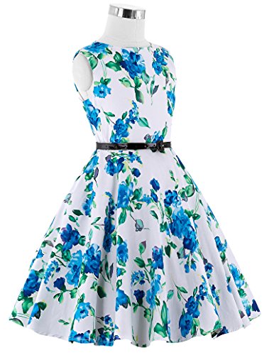 Kate Kasin Vestido Vintage Estampado de Niñas Años 50 para Fiesta Cóctel Vestido Algodón de Verano sin Mangas con Cinturón (13-14 Años, 3#)