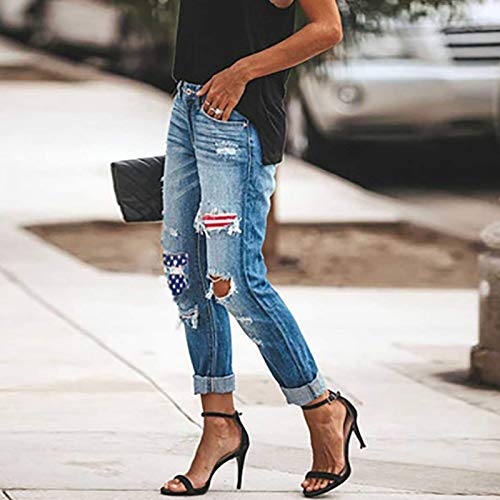 Katenyl Pantalones Vaqueros de Mujer Otoño e Invierno Cintura Media Estampado Elegante Clásico Holgado Agujero Pantalones Casuales Rectos XX-Large