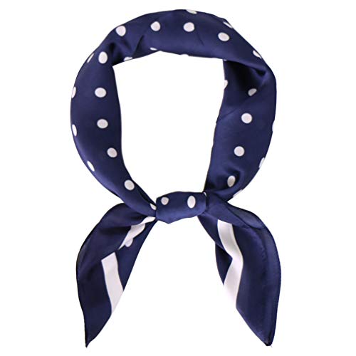 KAVINGKALY Bufanda cuadrada de satén con cuello redondo para mujer Pañuelos de cinta de lunares 27 por 27 pulgadas (punto-azul marino)