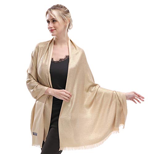 KAVINGKALY Pashmina Bufanda Para Mujeres Resplandor Brillo Mantones Y Abrigos Reversibles Para Vestidos De Noche (Oro)
