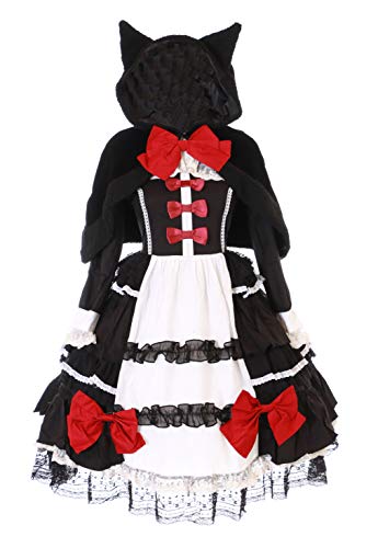 Kawaii-Story JL-657-1 - Vestido y capa de color negro con orejas de gato y lazo, manga larga, estilo victoriano, gótico, cosplay (M)