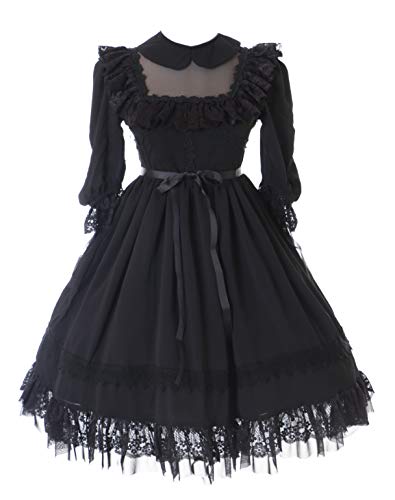 Kawaii-Story JL-673 Vestido negro victoriano gasa encaje clásico gótico Lolita disfraz cosplay (L)