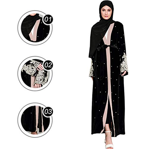 Keerads- Vestido musulmana para mujer Dubai largo vestido de una sola pieza arbitraria islámica con lazos de corte de tránsito para mujer, manga larga perlada, encaje de terciopelo dorado multicolor M