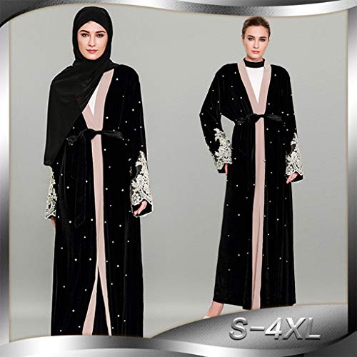 Keerads- Vestido musulmana para mujer Dubai largo vestido de una sola pieza arbitraria islámica con lazos de corte de tránsito para mujer, manga larga perlada, encaje de terciopelo dorado multicolor M