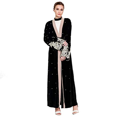 Keerads- Vestido musulmana para mujer Dubai largo vestido de una sola pieza arbitraria islámica con lazos de corte de tránsito para mujer, manga larga perlada, encaje de terciopelo dorado multicolor M