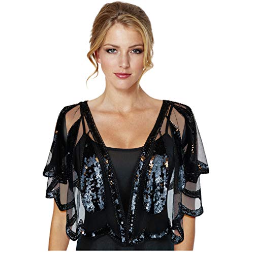 Keland - Camisa de mujer con lentejuelas brillantes para noche, chal de noche, camisa, bufanda, fiesta de boda Negro A-negro Taille unique