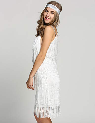 keland Vestido de Traje de Gatsby con Flecos y Flecos con Flecos y Flecos para Mujer (Blanco, S)