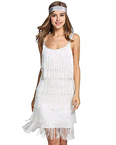 keland Vestido de Traje de Gatsby con Flecos y Flecos con Flecos y Flecos para Mujer (Blanco, S)
