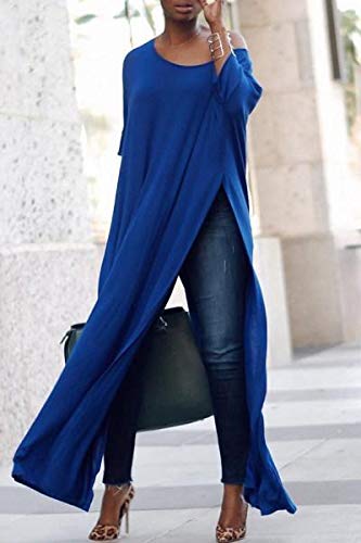 kenoce Blusa de Mujer Irregular Maxi Blusa Sueltas Largas Cuello Redondo y Manga Larga 3/4 Elegante Fiesta Cóctel Noche H-Azul M