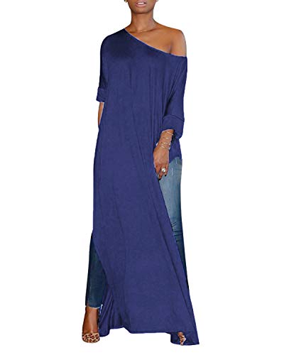 kenoce Blusa de Mujer Irregular Maxi Blusa Sueltas Largas Cuello Redondo y Manga Larga 3/4 Elegante Fiesta Cóctel Noche H-Azul M