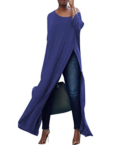 kenoce Blusa de Mujer Irregular Maxi Blusa Sueltas Largas Cuello Redondo y Manga Larga 3/4 Elegante Fiesta Cóctel Noche H-Azul M