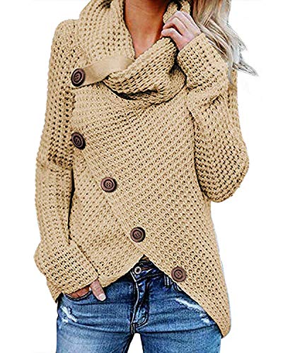 kenoce Jersey Mujer Jersey de Cuello Alto Mujer Jersey Grueso Pullover Jersey Jersey Dobladillo Asimétrico D-Albaricoque L