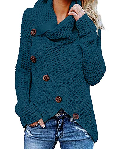 kenoce Jersey Mujer Jersey de Cuello Alto Mujer Jersey Grueso Pullover Jersey Jersey Dobladillo Asimétrico D-Azul 2XL
