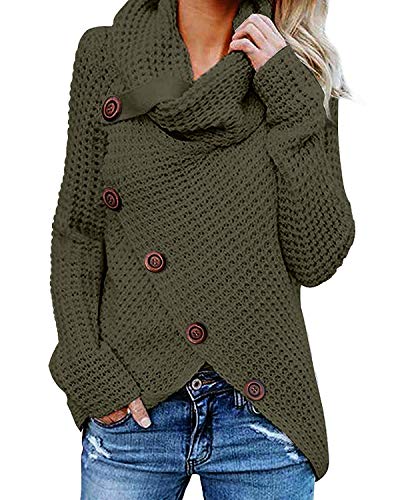 kenoce Jersey Mujer Jersey de Cuello Alto Mujer Jersey Grueso Pullover Jersey Jersey Dobladillo Asimétrico D-Verde Militar XL