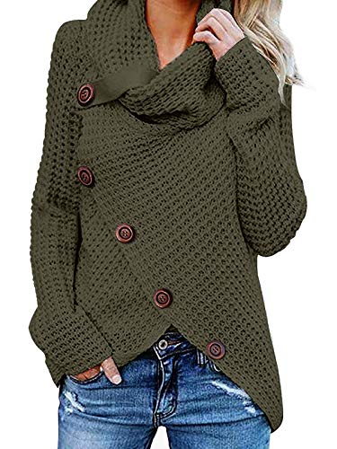 kenoce Jersey Mujer Jersey de Cuello Alto Mujer Jersey Grueso Pullover Jersey Jersey Dobladillo Asimétrico D-Verde Militar XL