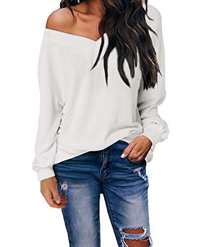 kenoce Jersey Mujer Otoño Suéter Fuera del Hombro Oversize Ancho Tejer Sueter Oversize Pullover Mujer Manga Larga Casual Suelto Blusa G-Blanco L