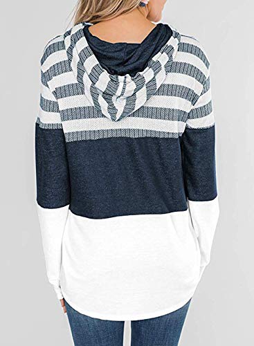 kenoce Sudaderas con Capucha Informales para Mujer Bloque de Color a Rayas con Cordón de Manga Larga Sudaderas con Capucha Túnica de Punto D-Blanco S