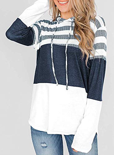 kenoce Sudaderas con Capucha Informales para Mujer Bloque de Color a Rayas con Cordón de Manga Larga Sudaderas con Capucha Túnica de Punto D-Blanco S