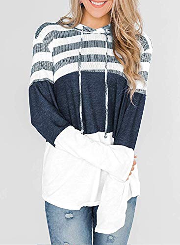 kenoce Sudaderas con Capucha Informales para Mujer Bloque de Color a Rayas con Cordón de Manga Larga Sudaderas con Capucha Túnica de Punto D-Blanco S