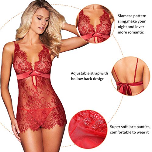 Kfnire Mujer Ropa Erótica Camisón Sexy Translúcido Elástico de Encaje Floral con Tanga Atractivo Pasión Babydoll Ropa de Dormir (M, Rojo)
