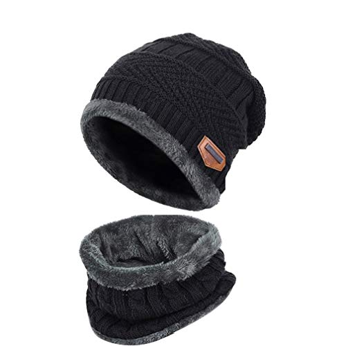 Kfnire Sombrero y bufanda, gorro de invierno para hombres + bufanda con forro polar (negro)