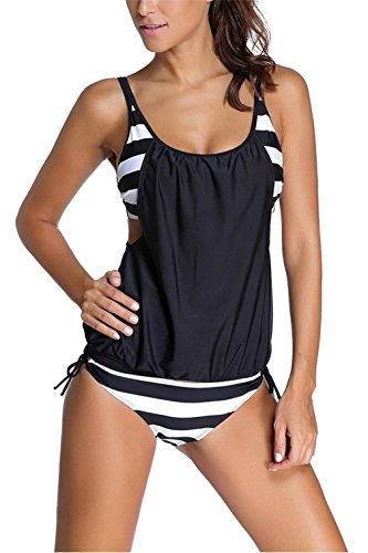 Kfnire Traje de Baño de Dos Piezas Tankini Mujer Push up más tamaño Tankini (Negro, X-Large)