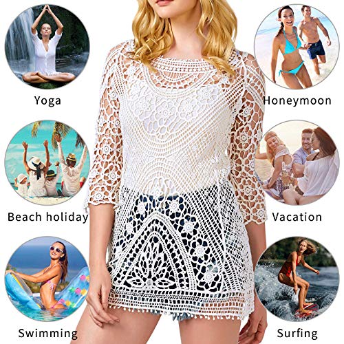 Kfnire Traje de baño de Las Mujeres Bikini Traje de baño Vestido de Playa Crochet (D- Blanco)