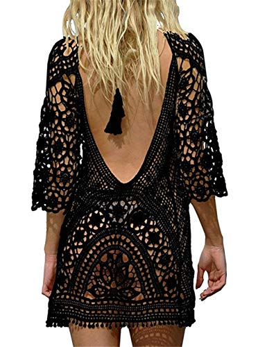 Kfnire Traje de baño de Las Mujeres Bikini Traje de baño Vestido de Playa Crochet (D-Negro)