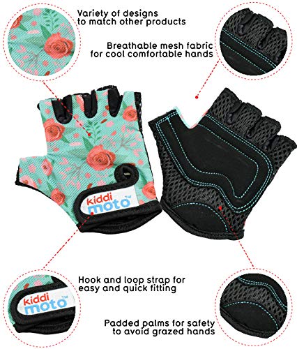 KIDDIMOTO Guantes de Ciclismo sin Dedos para Infantil (niñas y niños) - Bicicleta, MTB, BMX, Carretera, Montaña - Floral - Talla: M (5-8 años)