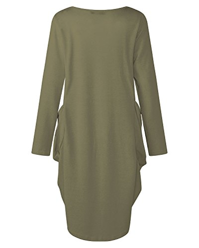 Kidsform Vestido de Talla Grande para Mujer Vestido de Otoño de Primavera Túnica de Gran Tamaño Mini Vestido Manga Larga Cuello Redondo con Bolsillos Casual D-Verde Militar M