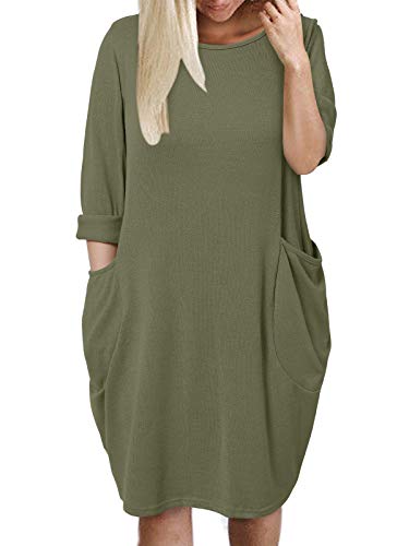 Kidsform Vestido de Talla Grande para Mujer Vestido de Otoño de Primavera Túnica de Gran Tamaño Mini Vestido Manga Larga Cuello Redondo con Bolsillos Casual D-Verde Militar M