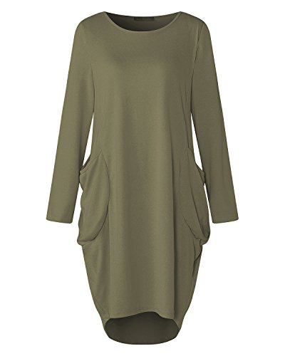 Kidsform Vestido de Talla Grande para Mujer Vestido de Otoño de Primavera Túnica de Gran Tamaño Mini Vestido Manga Larga Cuello Redondo con Bolsillos Casual D-Verde Militar M