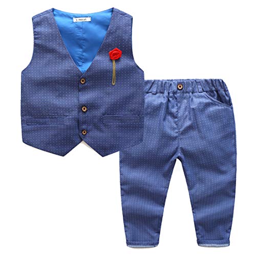 Kimocat - Traje Formal de Algodón para Bebé Niño Elegante con Cintura Elástica Conjunto de Boda Fiesta Ceremonia Bautizo con Flor de Pecho - Azul - 2-3 Años
