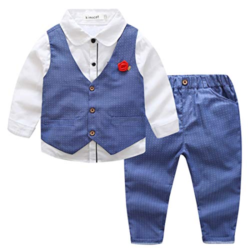 Kimocat - Traje Formal de Algodón para Bebé Niño Elegante con Cintura Elástica Conjunto de Boda Fiesta Ceremonia Bautizo con Flor de Pecho - Azul - 2-3 Años