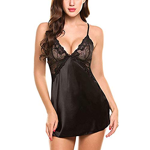 KIMODO Ropa Interior de Mujer Ropa de Dormir con Cuello en V Satén Dormir Sexy Lace Chemise Mini Vestido de Peluche Erotica Atractiva Ropa De Encaje Ropa Interior
