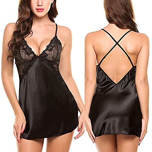 KIMODO Ropa Interior de Mujer Ropa de Dormir con Cuello en V Satén Dormir Sexy Lace Chemise Mini Vestido de Peluche Erotica Atractiva Ropa De Encaje Ropa Interior