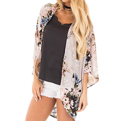 Kimono Cardigan Mjuer - Cardigan Floral Mujer, Camisolas y Pareos Pareo Playa Chal Kimono Cover Up Manga 3/4 Loose Floral (Rosa, M)
