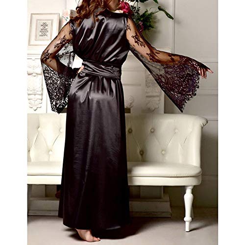 Kimono de Encaje Conjunto de Pijama Seda Mujer Verano Ropa de Dormir con Manga Larga Vestido Interior Transparente Bata Sexy Outwear Sólido Traje de Cama de Talla Grande Picadía Cómoda (Negro, M)
