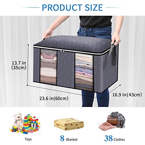 king do way Bolsa de Almacenamiento de Ropa de Gran Capacidad con Asa Reforzada y Compartimiento, Organizador Plegable y Transpirable para el Armario con Ventana Clara 60x43x35cm (Gris, 4PCS)