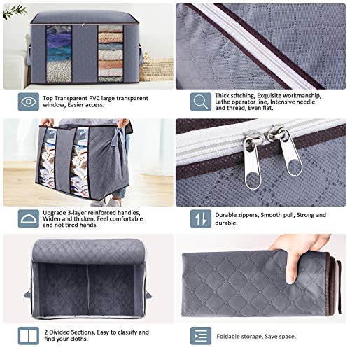 king do way Bolsa de Almacenamiento de Ropa de Gran Capacidad con Asa Reforzada y Compartimiento, Organizador Plegable y Transpirable para el Armario con Ventana Clara 60x43x35cm (Gris, 4PCS)