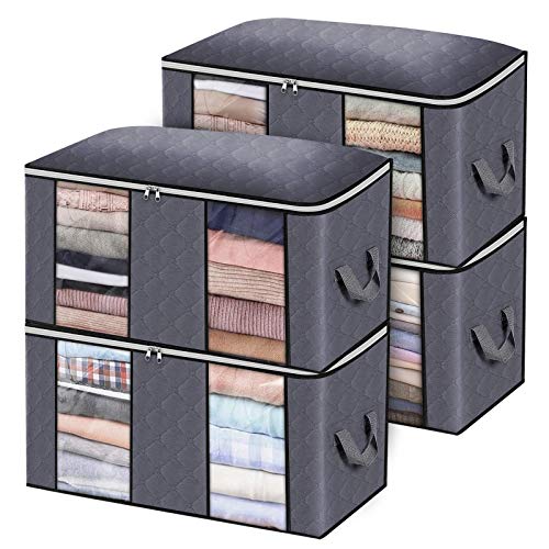 king do way Bolsa de Almacenamiento de Ropa de Gran Capacidad con Asa Reforzada y Compartimiento, Organizador Plegable y Transpirable para el Armario con Ventana Clara 60x43x35cm (Gris, 4PCS)