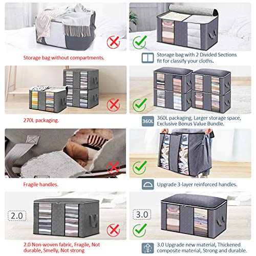 king do way Bolsa de Almacenamiento de Ropa de Gran Capacidad con Asa Reforzada y Compartimiento, Organizador Plegable y Transpirable para el Armario con Ventana Clara 60x43x35cm (Gris, 4PCS)