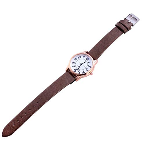 KingbeefLIU Reloj de mujer con esfera redonda simple y número árabe y correa de piel sintética analógica de cuarzo marrón