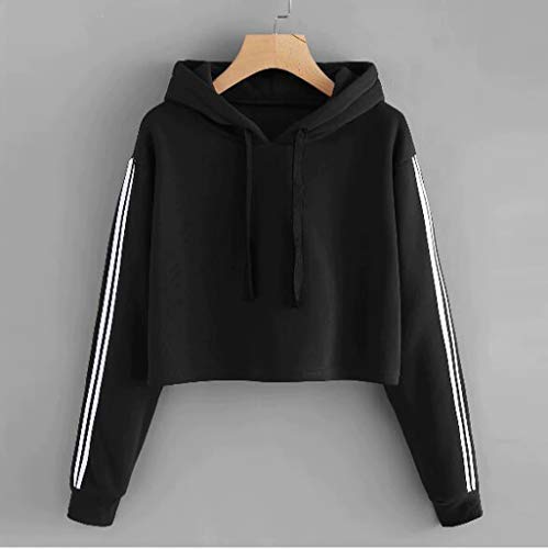 KIRALOVE Sudadera de Top Crop deportiva con capucha – Rayas laterales – Moda – Camiseta – Sudadera – Niñas – Mujer – Idea regalo original – Color negro Negro XXL
