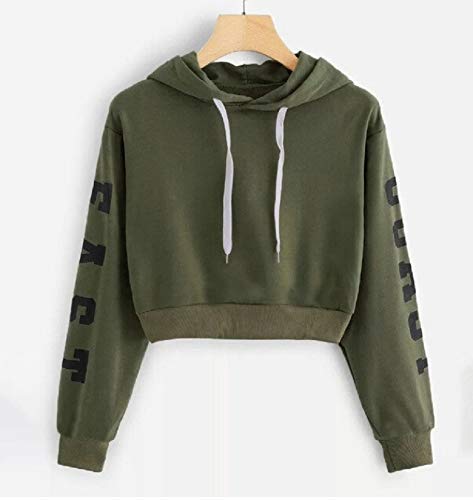 KIRALOVE Sudadera Top Crop con capucha – Chica – Mujer – Moda – Deporte – Camiseta – Idea regalo – Color verde militar Verde XL