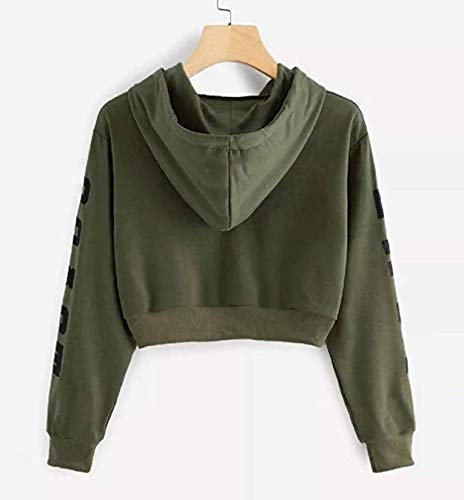 KIRALOVE Sudadera Top Crop con capucha – Chica – Mujer – Moda – Deporte – Camiseta – Idea regalo – Color verde militar Verde XL